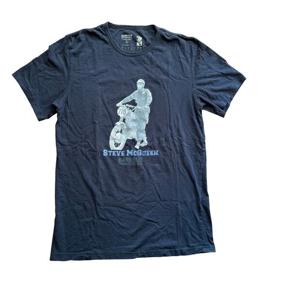 Barbour Steve McQueen Motorcycle Men's Blue Graphic T-Shirt Sz M Harvey Mushman - Picture 1 of 9